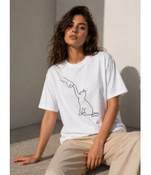 Minimal Kedi Çizim Baskılı Tişört Kısa Kol Yazlık T-Shirt - Beyaz