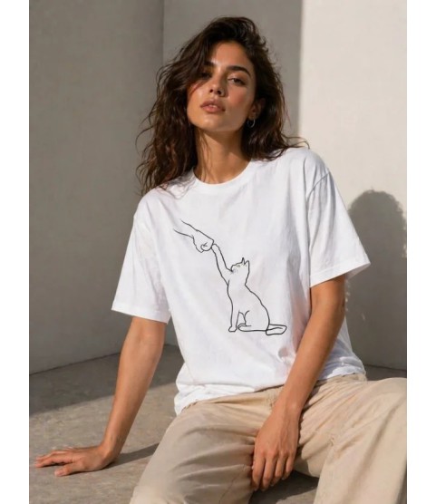 Minimal Kedi Çizim Baskılı Tişört Kısa Kol Yazlık T-Shirt - Beyaz