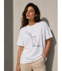 Minimal Kedi Çizim Baskılı Tişört Kısa Kol Yazlık T-Shirt - Beyaz