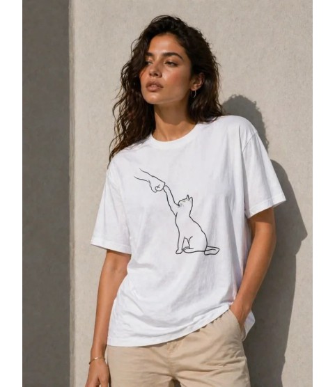 Minimal Kedi Çizim Baskılı Tişört Kısa Kol Yazlık T-Shirt - Beyaz Minimal Kedi Çizim Baskılı Tişört Kısa Kol Yazlık T-Shirt - Beyaz