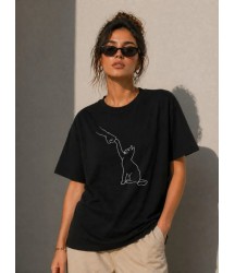 Minimal Kedi Çizim Baskılı Tişört Kısa Kol Yazlık T-Shirt - Siyah