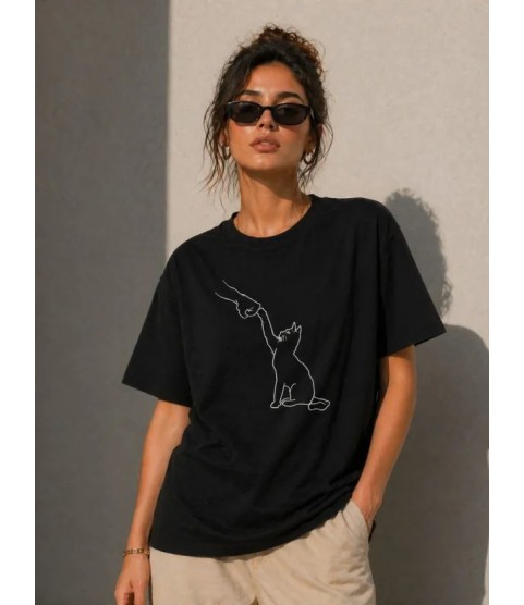 Minimal Kedi Çizim Baskılı Tişört Kısa Kol Yazlık T-Shirt - Siyah Minimal Kedi Çizim Baskılı Tişört Kısa Kol Yazlık T-Shirt - Siyah