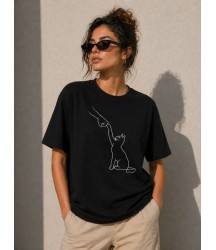 Minimal Kedi Çizim Baskılı Tişört Kısa Kol Yazlık T-Shirt - Siyah