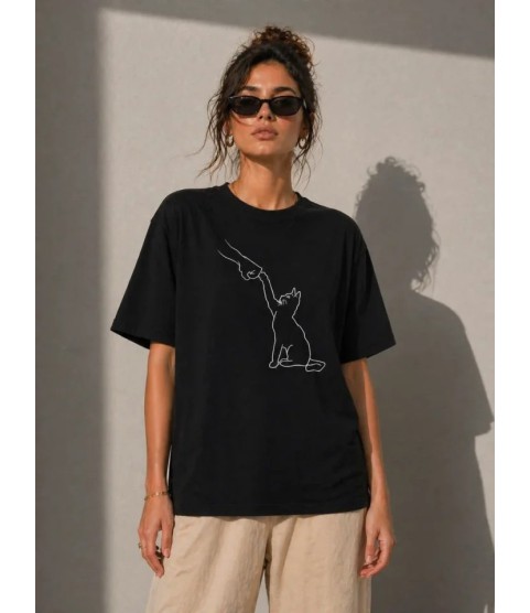 Minimal Kedi Çizim Baskılı Tişört Kısa Kol Yazlık T-Shirt - Siyah Minimal Kedi Çizim Baskılı Tişört Kısa Kol Yazlık T-Shirt - Siyah