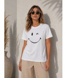 Minimal Gülümseyen Yüz Baskılı Tişört Kısa Kol Yazlık T-Shirt - Beyaz