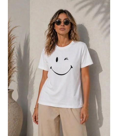 Minimal Gülümseyen Yüz Baskılı Tişört Kısa Kol Yazlık T-Shirt - Beyaz