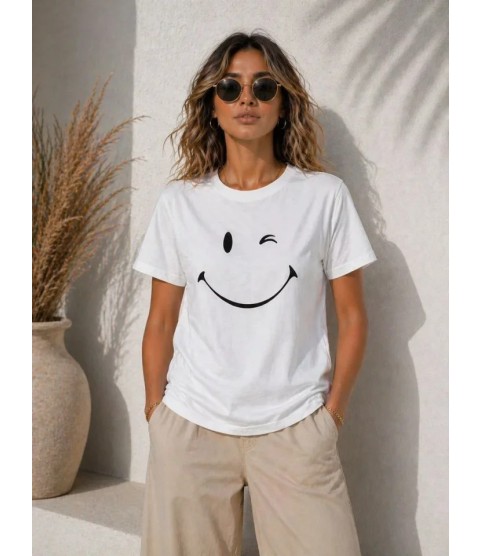Minimal Gülümseyen Yüz Baskılı Tişört Kısa Kol Yazlık T-Shirt - Beyaz
