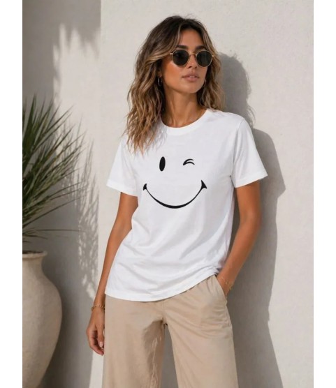 Minimal Gülümseyen Yüz Baskılı Tişört Kısa Kol Yazlık T-Shirt - Beyaz