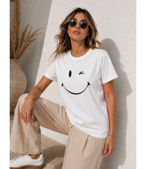 Minimal Gülümseyen Yüz Baskılı Tişört Kısa Kol Yazlık T-Shirt - Beyaz
