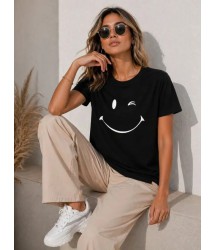 Minimal Gülümseyen Yüz Baskılı Tişört Kısa Kol Yazlık T-Shirt - Siyah