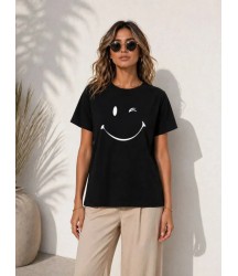 Minimal Gülümseyen Yüz Baskılı Tişört Kısa Kol Yazlık T-Shirt - Siyah