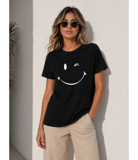Minimal Gülümseyen Yüz Baskılı Tişört Kısa Kol Yazlık T-Shirt - Siyah Minimal Gülümseyen Yüz Baskılı Tişört Kısa Kol Yazlık T-Shirt - Siyah