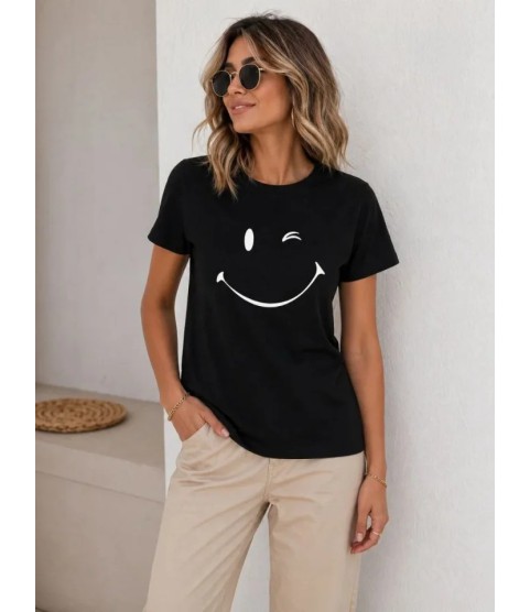 Minimal Gülümseyen Yüz Baskılı Tişört Kısa Kol Yazlık T-Shirt - Siyah Minimal Gülümseyen Yüz Baskılı Tişört Kısa Kol Yazlık T-Shirt - Siyah