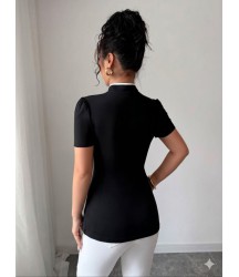 Kadın Beyaz şerit Detaylı Dar Kesim Dik Yaka Bluz