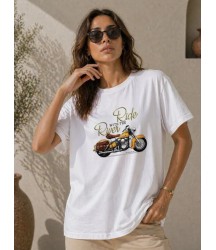 Motosiklet Baskılı Tişört Bisiklet Yaka Kısa Kol Yazlık T-Shirt - Beyaz