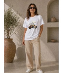 Motosiklet Baskılı Tişört Bisiklet Yaka Kısa Kol Yazlık T-Shirt - Beyaz