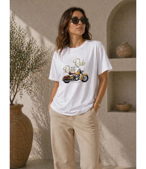 Motosiklet Baskılı Tişört Bisiklet Yaka Kısa Kol Yazlık T-Shirt - Beyaz Motosiklet Baskılı Tişört Bisiklet Yaka Kısa Kol Yazlık T-Shirt - Beyaz