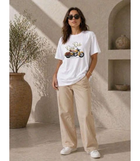 Motosiklet Baskılı Tişört Bisiklet Yaka Kısa Kol Yazlık T-Shirt - Beyaz Motosiklet Baskılı Tişört Bisiklet Yaka Kısa Kol Yazlık T-Shirt - Beyaz