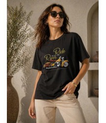 Motosiklet Baskılı Tişört Bisiklet Yaka Kısa Kol Yazlık T-Shirt - Siyah