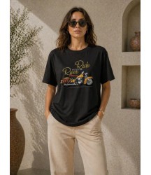 Motosiklet Baskılı Tişört Bisiklet Yaka Kısa Kol Yazlık T-Shirt - Siyah