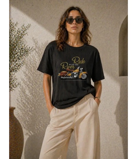 Motosiklet Baskılı Tişört Bisiklet Yaka Kısa Kol Yazlık T-Shirt - Siyah Motosiklet Baskılı Tişört Bisiklet Yaka Kısa Kol Yazlık T-Shirt - Siyah