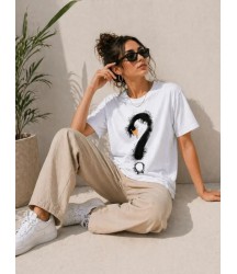 Kuğu Figürlü Soru İşareti Baskılı Tişört Kısa Kol T-Shirt - Beyaz
