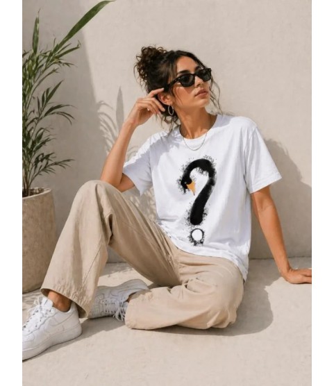 Kuğu Figürlü Soru İşareti Baskılı Tişört Kısa Kol T-Shirt - Beyaz