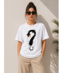 Kuğu Figürlü Soru İşareti Baskılı Tişört Kısa Kol T-Shirt - Beyaz