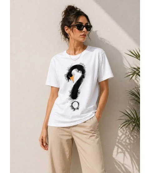 Kuğu Figürlü Soru İşareti Baskılı Tişört Kısa Kol T-Shirt - Beyaz