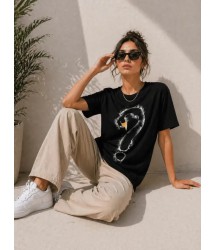 Kuğu Figürlü Soru İşareti Baskılı Tişört Kısa Kol T-Shirt - Siyah