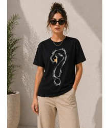 Kuğu Figürlü Soru İşareti Baskılı Tişört Kısa Kol T-Shirt - Siyah