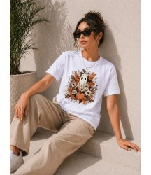 Balkabağı Hayalet Baskılı Tişört Kısa Kol Yazlık T-Shirt - Beyaz