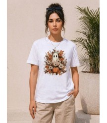 Balkabağı Hayalet Baskılı Tişört Kısa Kol Yazlık T-Shirt - Beyaz