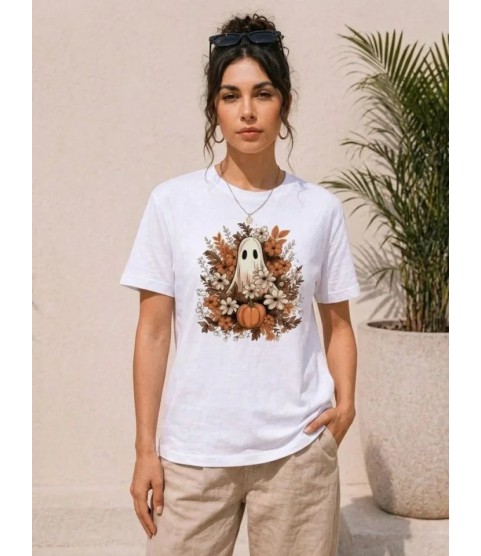 Balkabağı Hayalet Baskılı Tişört Kısa Kol Yazlık T-Shirt - Beyaz Balkabağı Hayalet Baskılı Tişört Kısa Kol Yazlık T-Shirt - Beyaz