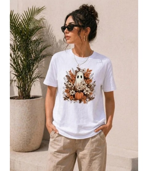 Balkabağı Hayalet Baskılı Tişört Kısa Kol Yazlık T-Shirt - Beyaz Balkabağı Hayalet Baskılı Tişört Kısa Kol Yazlık T-Shirt - Beyaz