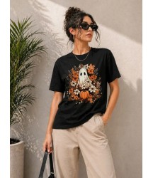 Balkabağı Hayalet Baskılı Tişört Kısa Kol Yazlık T-Shirt - Siyah