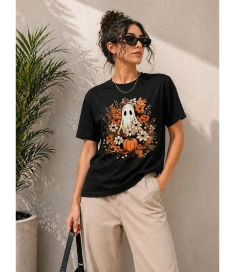 Balkabağı Hayalet Baskılı Tişört Kısa Kol Yazlık T-Shirt - Siyah Balkabağı Hayalet Baskılı Tişört Kısa Kol Yazlık T-Shirt - Siyah
