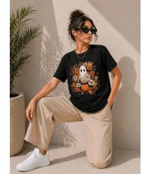 Balkabağı Hayalet Baskılı Tişört Kısa Kol Yazlık T-Shirt - Siyah
