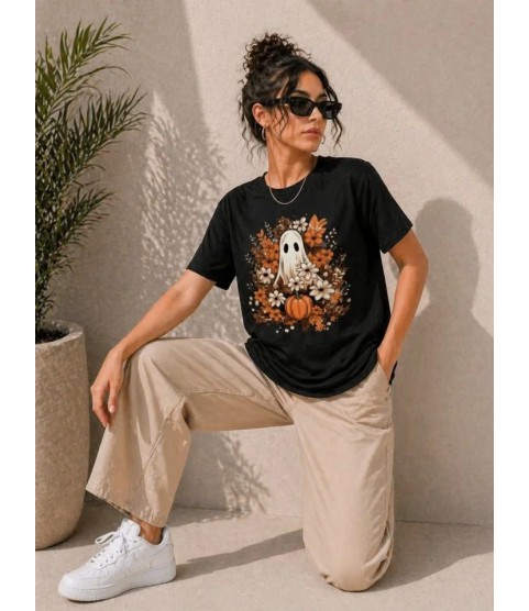 Balkabağı Hayalet Baskılı Tişört Kısa Kol Yazlık T-Shirt - Siyah Balkabağı Hayalet Baskılı Tişört Kısa Kol Yazlık T-Shirt - Siyah