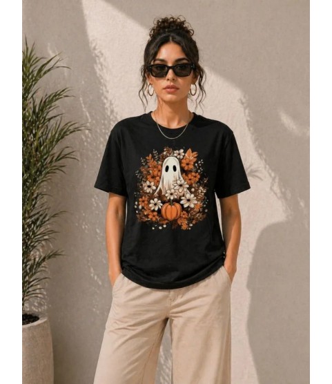 Balkabağı Hayalet Baskılı Tişört Kısa Kol Yazlık T-Shirt - Siyah Balkabağı Hayalet Baskılı Tişört Kısa Kol Yazlık T-Shirt - Siyah