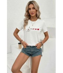 Minimal Kalp İşaret Baskılı Tişört Kısa Kol Yazlık T-Shirt - Beyaz