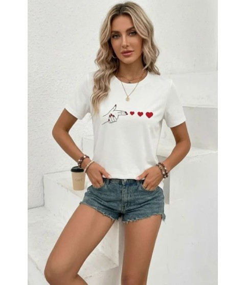 Minimal Kalp İşaret Baskılı Tişört Kısa Kol Yazlık T-Shirt - Beyaz
