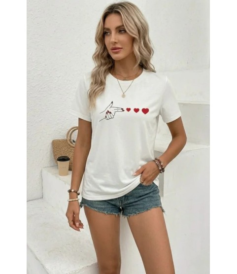 Minimal Kalp İşaret Baskılı Tişört Kısa Kol Yazlık T-Shirt - Beyaz