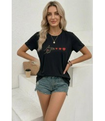 Minimal Kalp İşaret Baskılı Tişört Kısa Kol Yazlık T-Shirt - Siyah