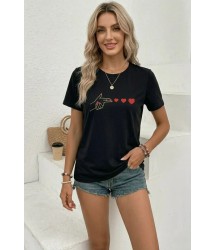 Minimal Kalp İşaret Baskılı Tişört Kısa Kol Yazlık T-Shirt - Siyah