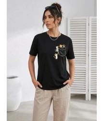Sevimli Kedi Cep Baskılı Tişört Kısa Kol Yazlık T-Shirt - Siyah