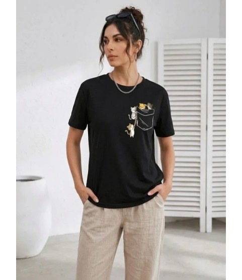 Sevimli Kedi Cep Baskılı Tişört Kısa Kol Yazlık T-Shirt - Siyah