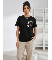 Sevimli Kedi Cep Baskılı Tişört Kısa Kol Yazlık T-Shirt - Siyah