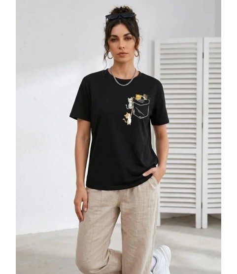Sevimli Kedi Cep Baskılı Tişört Kısa Kol Yazlık T-Shirt - Siyah