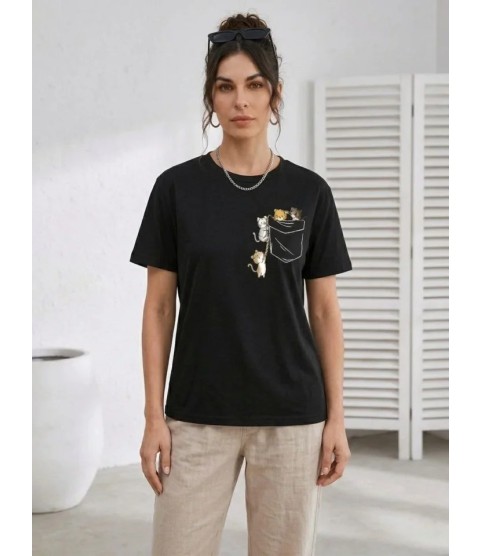 Sevimli Kedi Cep Baskılı Tişört Kısa Kol Yazlık T-Shirt - Siyah